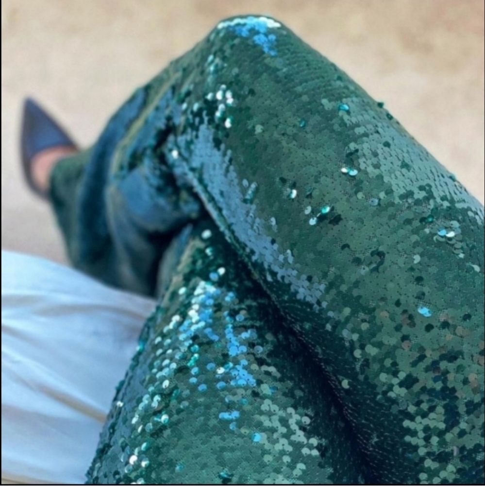 ZARA FLARED HIGH WAISTED GREEN SEQUIN PANTS SIZE M - Picture 12 of 16